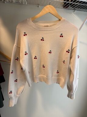 Jessica Simpson Cream Crewneck Sweater with Red Cherry Embroidery